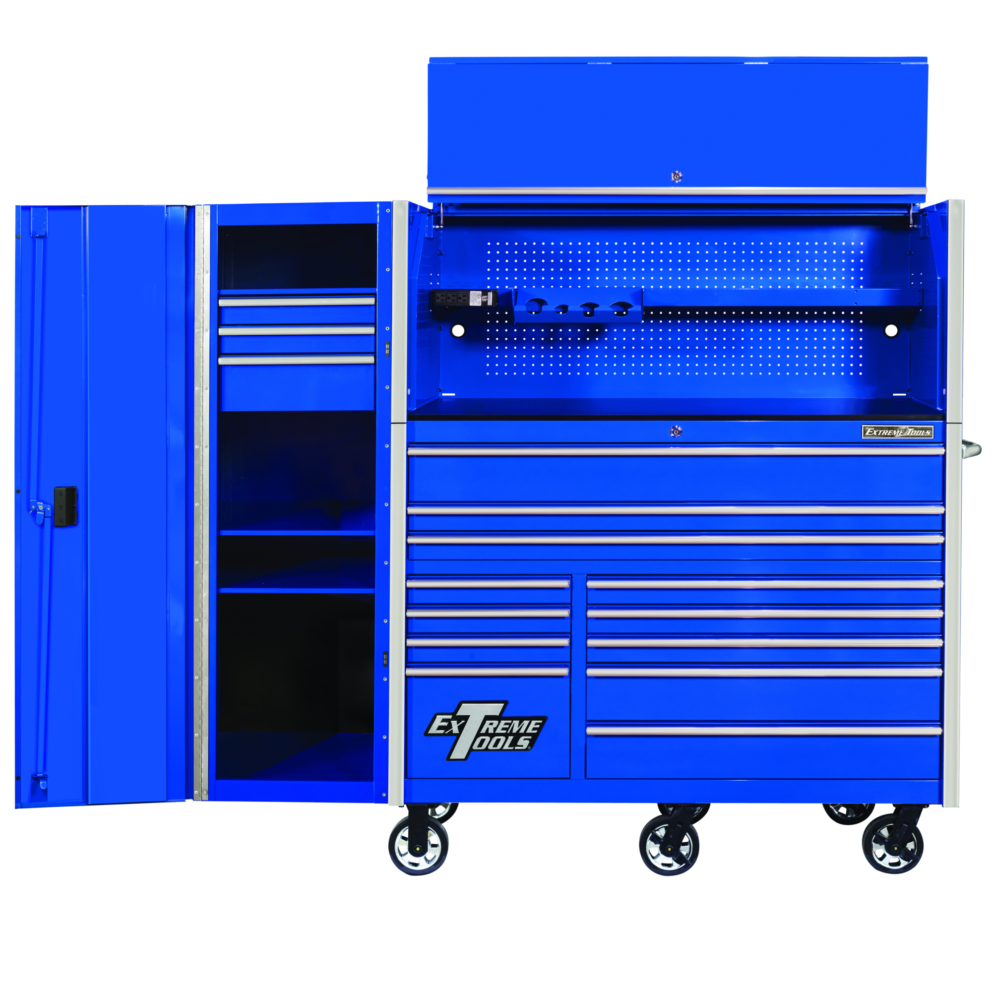Extreme Tools RX Series 55in W x 25in D Professional Extreme Power Workstation Hutch, 12-Drawer Roller Cabinet-150 lbs Slides, and 19in 3-Drawer Side Locker Combo, Blue w Chrome Dr Pulls, Model # RX55HRSUC